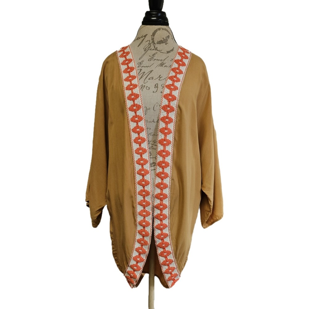 Rusttydustty Embroidered Burnt Orange Open Front Boho Hippie Cardigan Size‎ M